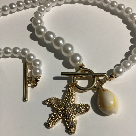 🪸Naitical Starfish & Puka  Shell Beaded Pearl toggle collar necklace & Bracelet - Picture 5 of 16
